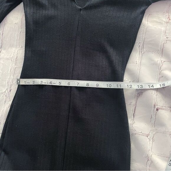 ZARA Black Ribbed Knit Sweater Midi Dress – Long Sleeve V-Neck with Front Slit M - Picture 7 of 14